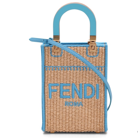 Fendi Sunshine Mini Straw Shoulder Bag Natural Blue - Picture 1 of 14